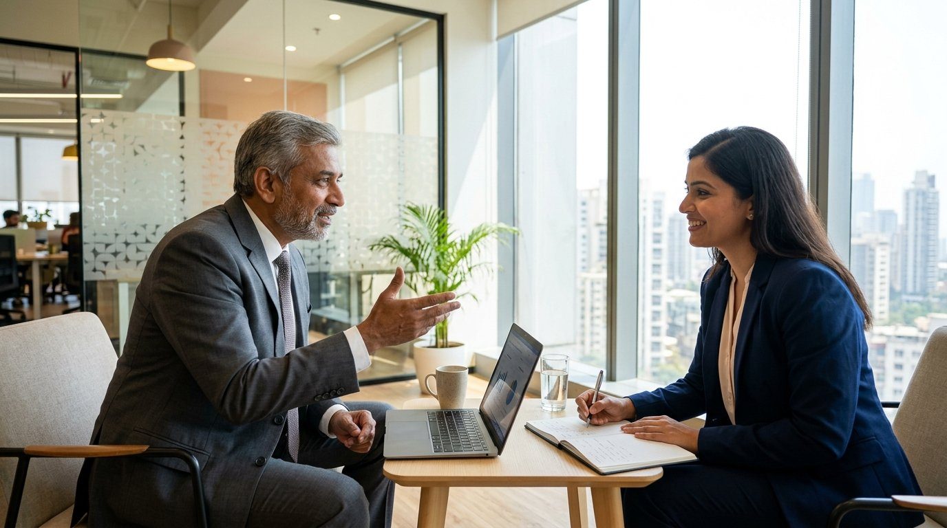 Senior Indian executive coach mentoring a young business leader one-on-one in a bright office
