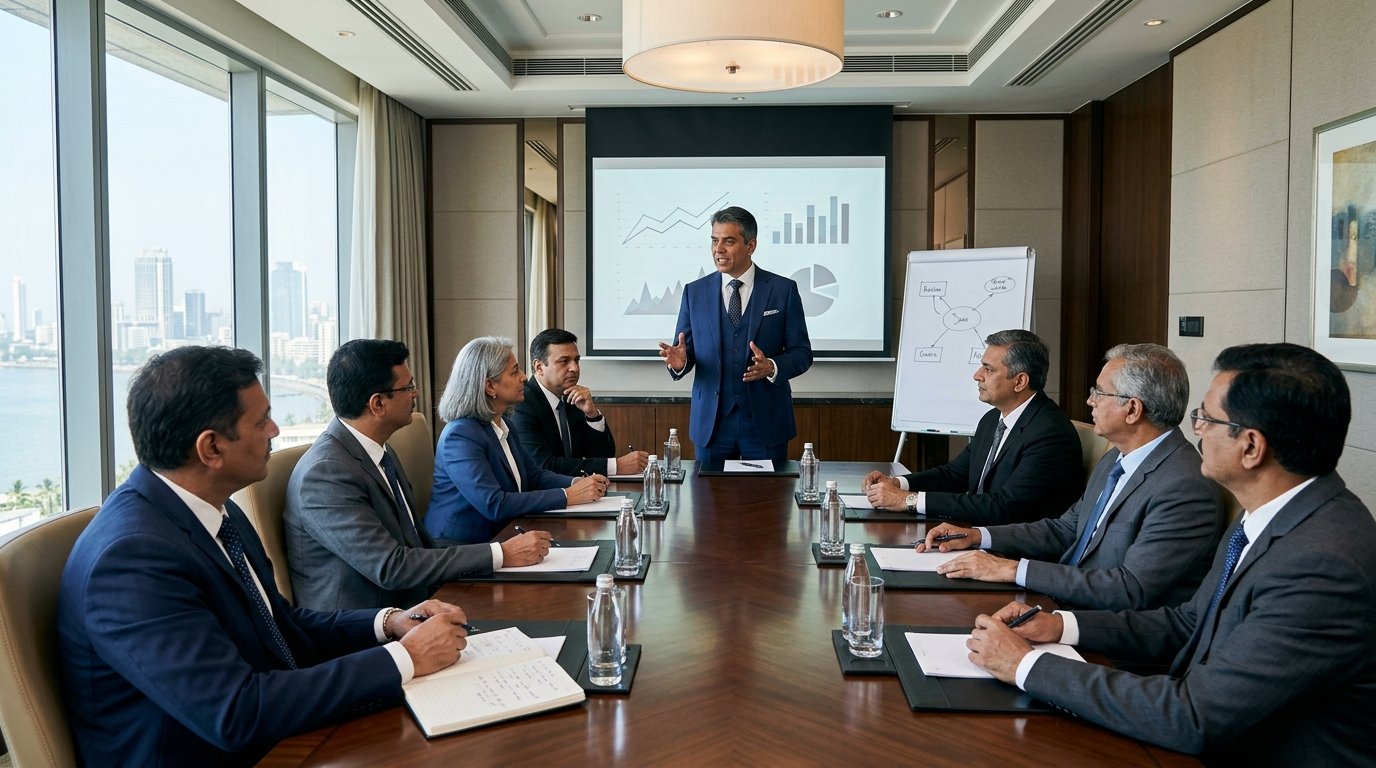 Indian corporate trainer leading a leadership development session with professionals