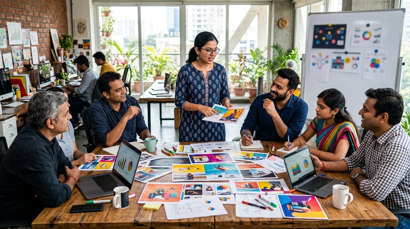 Indian marketing team reviewing advertising campaign layouts in a bright creative studio