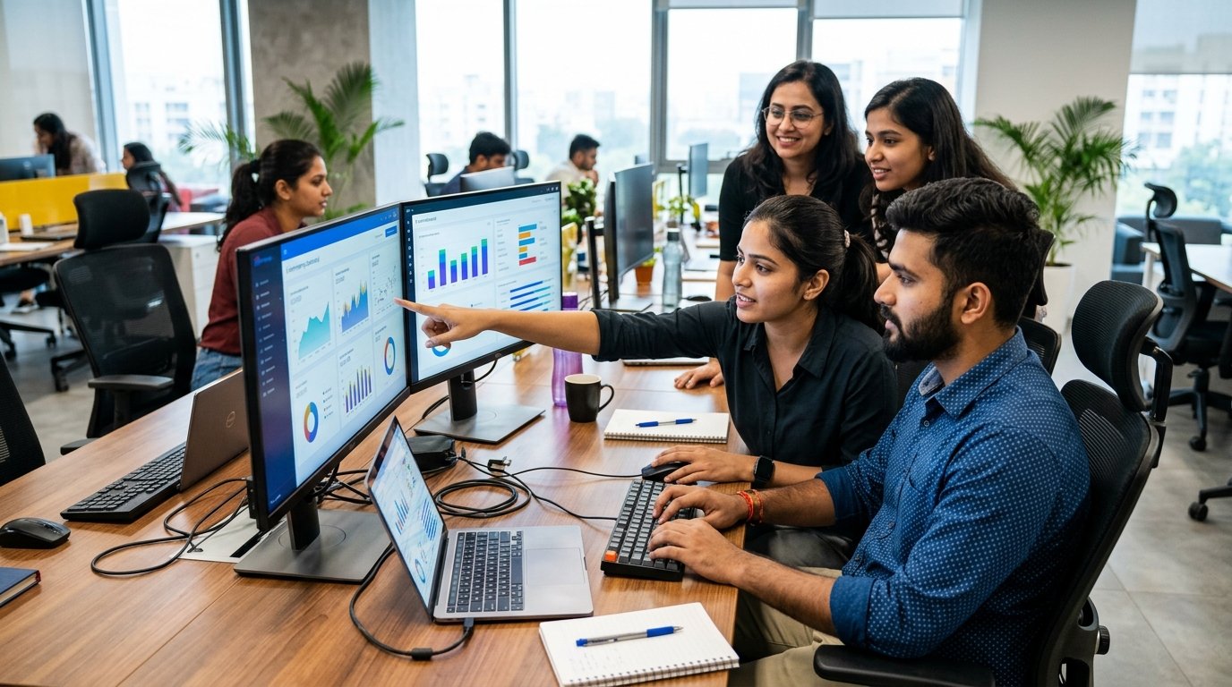 Indian digital marketing team reviewing e-commerce dashboards on large monitors