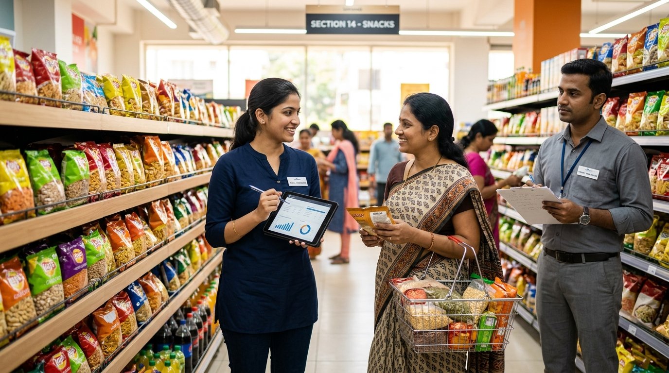 Indian market researcher interviewing a shopper with a tablet in a bright retail aisle