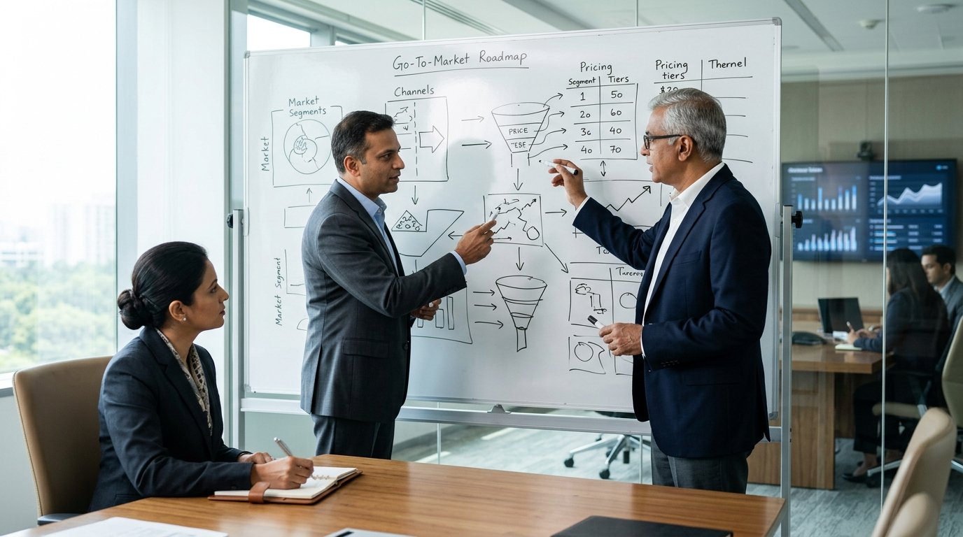 Senior Indian strategy team working through a go-to-market roadmap on a whiteboard