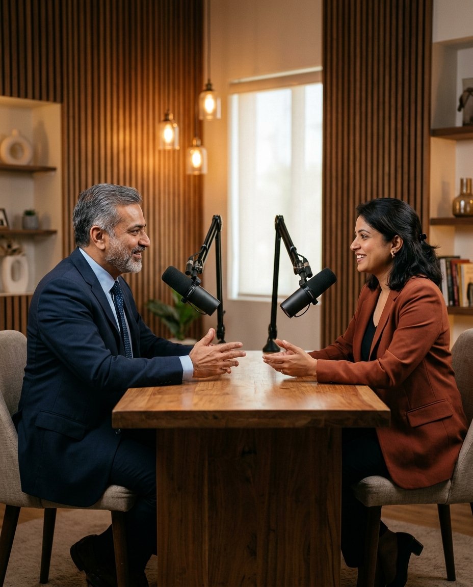Indian podcast host and guest recording in a warm professional studio
