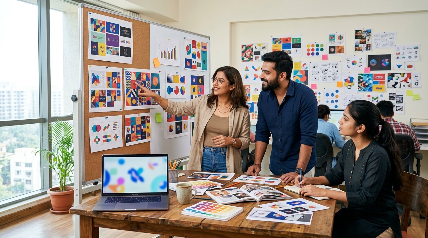 Indian creative team reviewing brand identity boards in a bright design studio