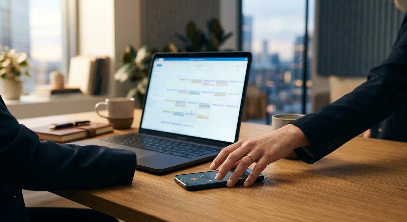 A BLEZZINGS partner responding to an enquiry — phone, laptop and calendar at hand