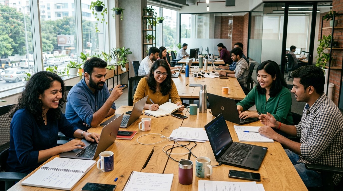 Indian team working at laptops around a long table in a bright office
