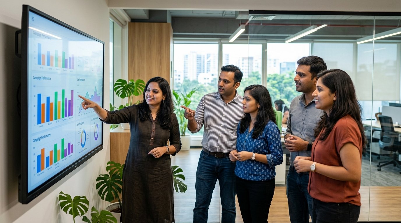 Indian team reviewing a colorful market analytics dashboard on a large screen