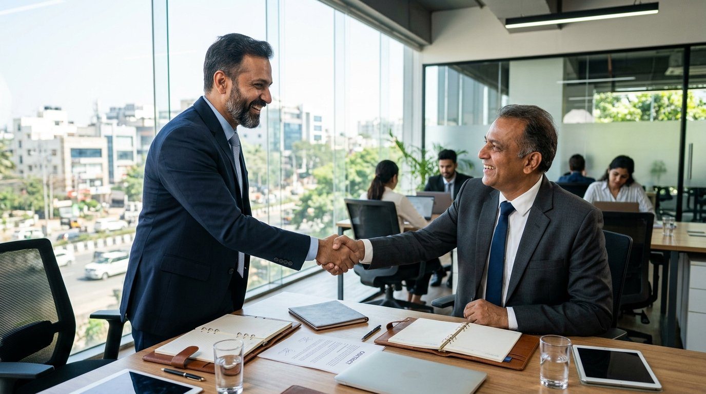 Indian businessmen in suits shaking hands on a deal in a bright modern office