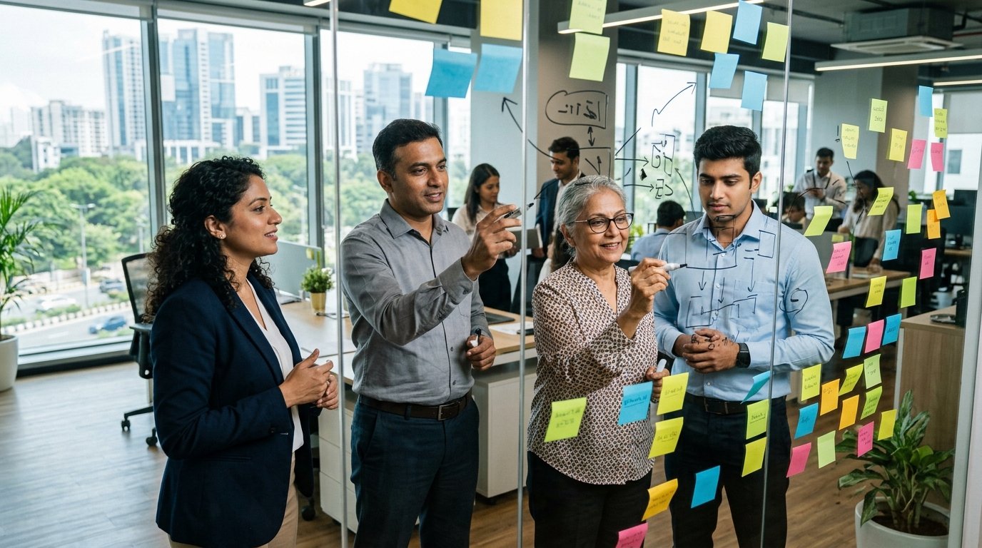Indian strategy consultants collaborating at a glass planning wall with colorful notes