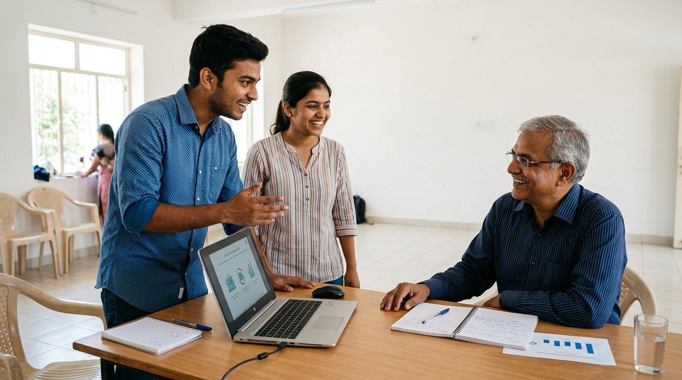 Young Indian entrepreneurs presenting their business idea on a laptop to a senior mentor in a community hall