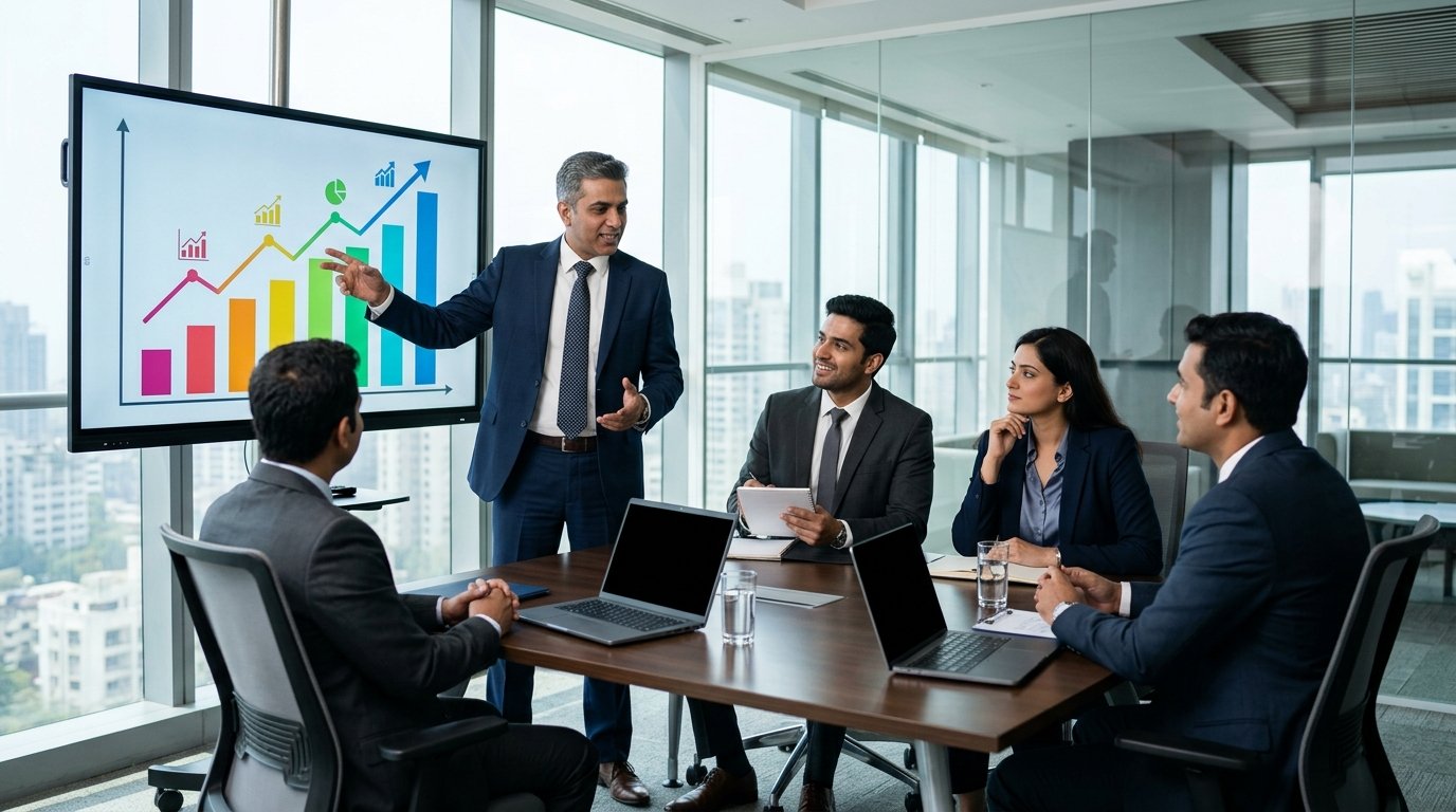 Indian sales team reviewing growth charts on a large screen in a bright modern office