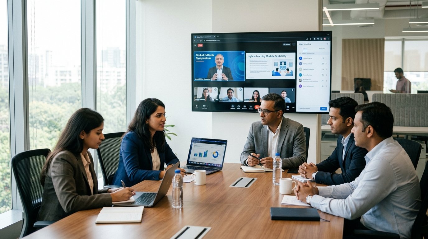 Education business team in a modern learning studio with a large screen showing an online class