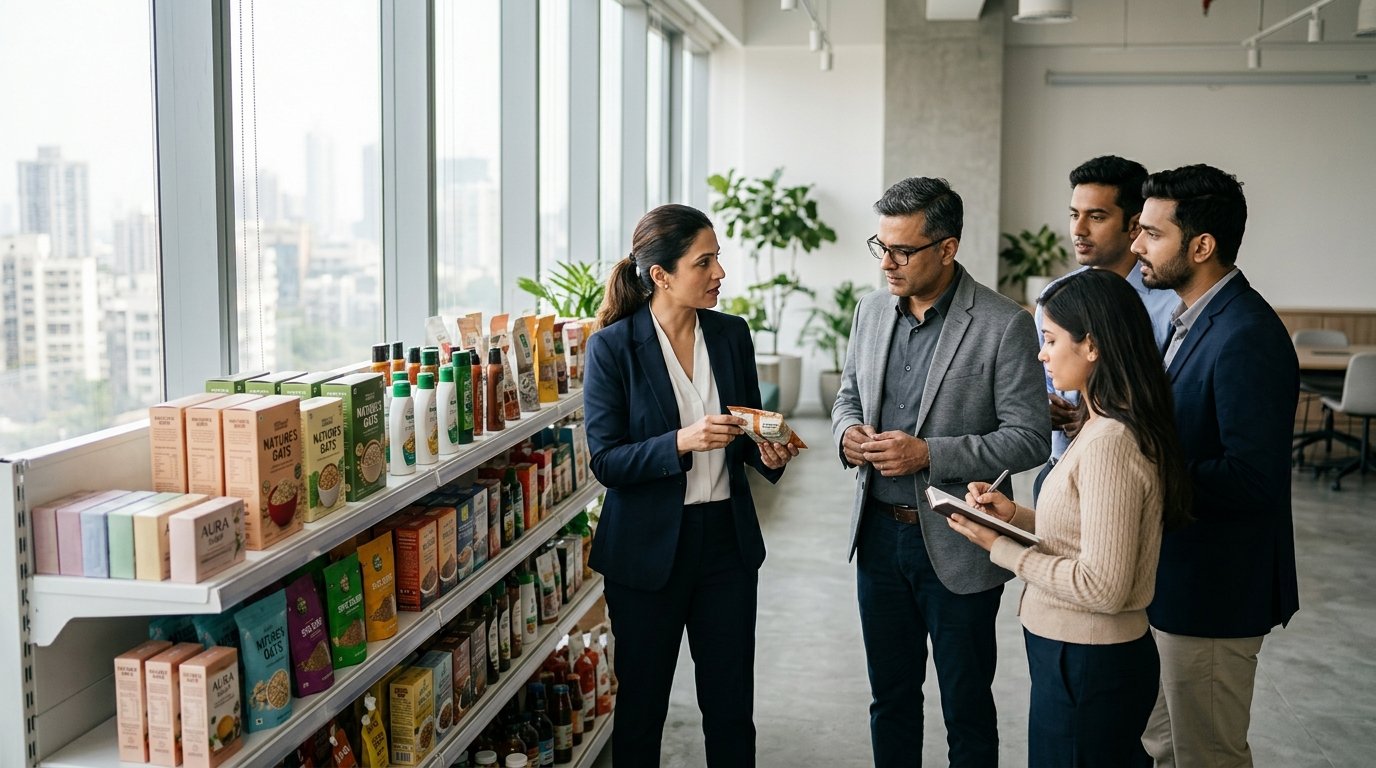 Team reviewing packaged consumer products on a fully stocked modern retail shelf