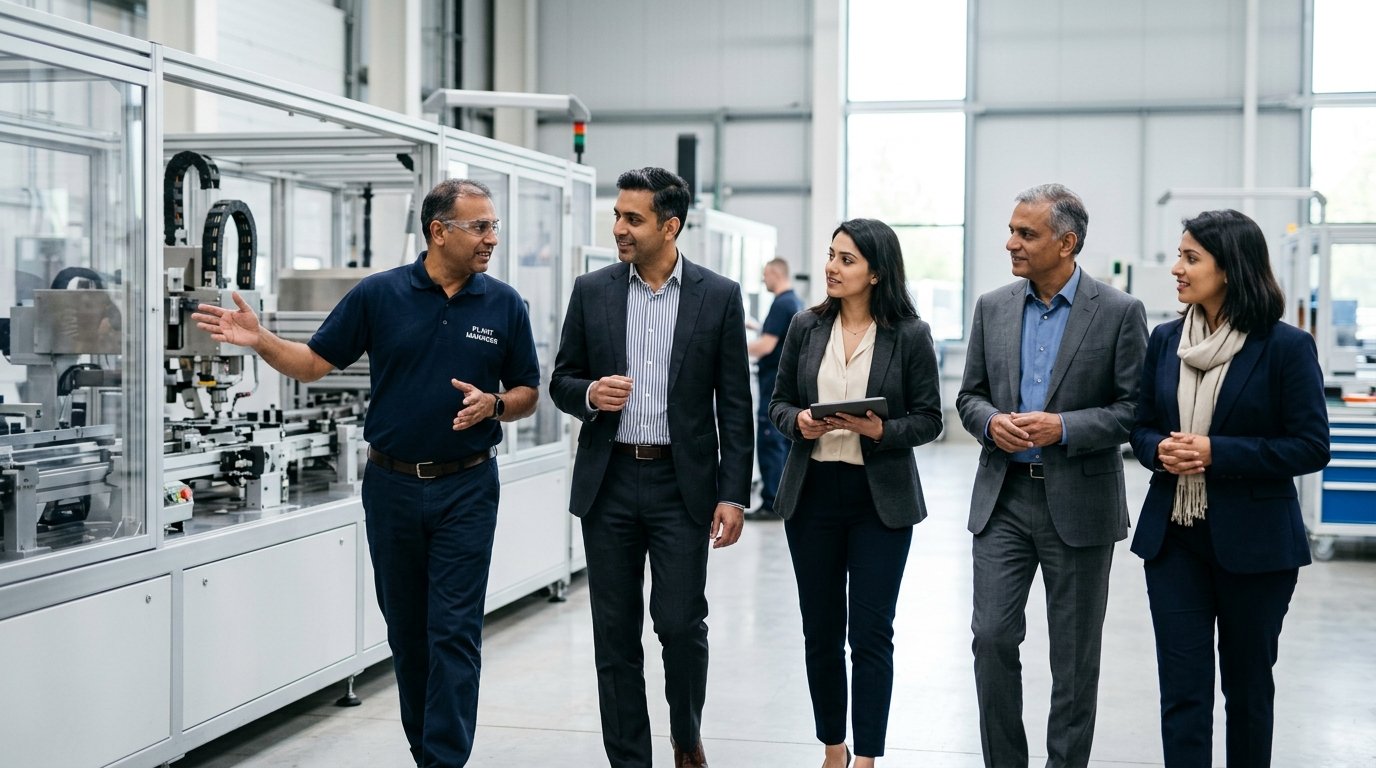 Business leaders touring a clean modern factory floor in discussion with a plant manager
