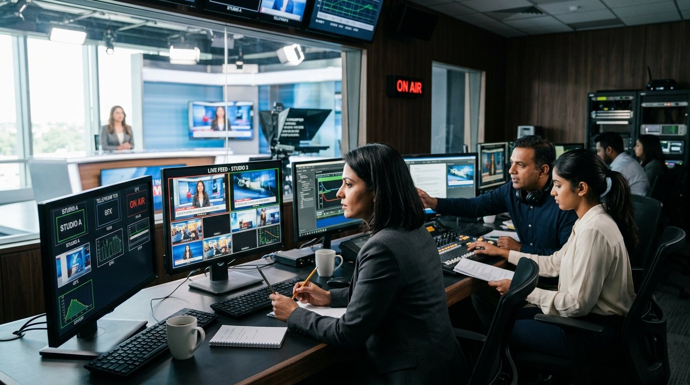 Media professionals in a television broadcast control room with multiple screens