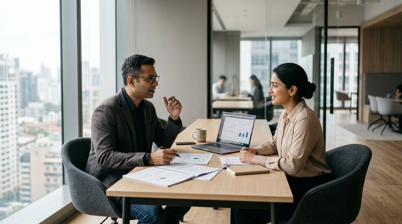 Professional consultant in a one-to-one advisory discussion with a client in a bright modern office