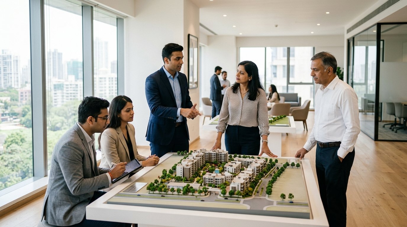 Real estate team with clients reviewing an architectural scale model of a residential community