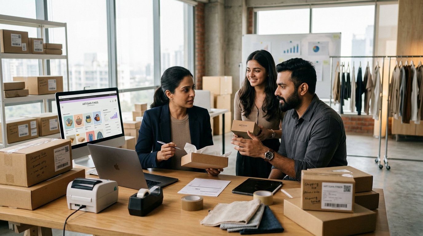 D2C brand team in a bright studio office with product parcels and a laptop showing an online store