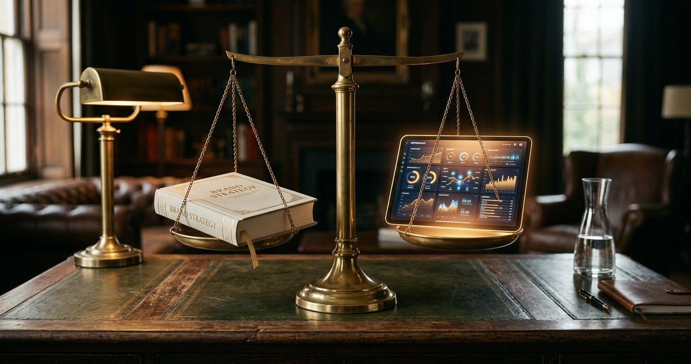 A balance scale with a brand book on one side and an ads dashboard on the other