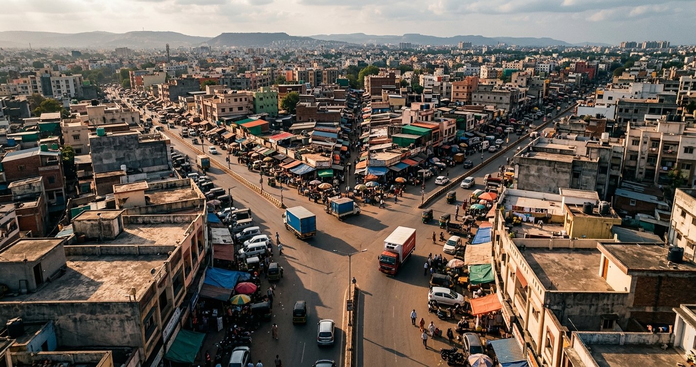 Aerial view of a forked road through a busy market district with delivery trucks