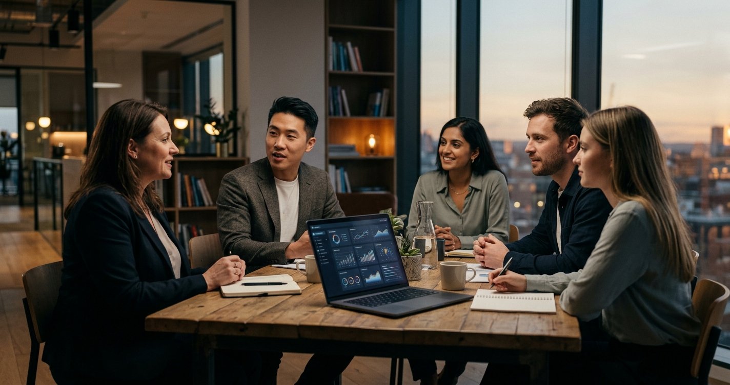 A client interviewing an agency team across a table with dashboards open