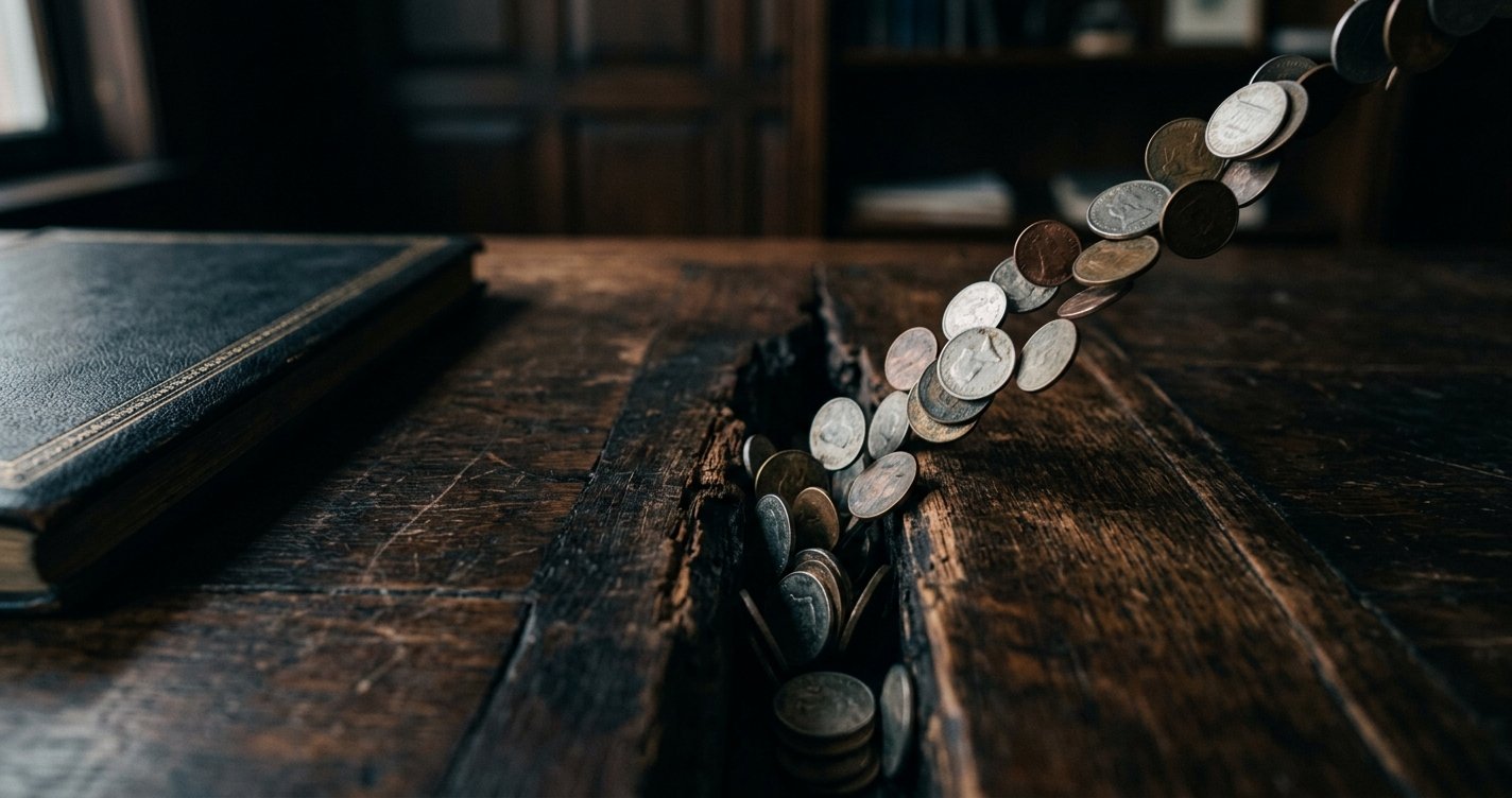 Coins slipping through a crack in a dark ledger desk