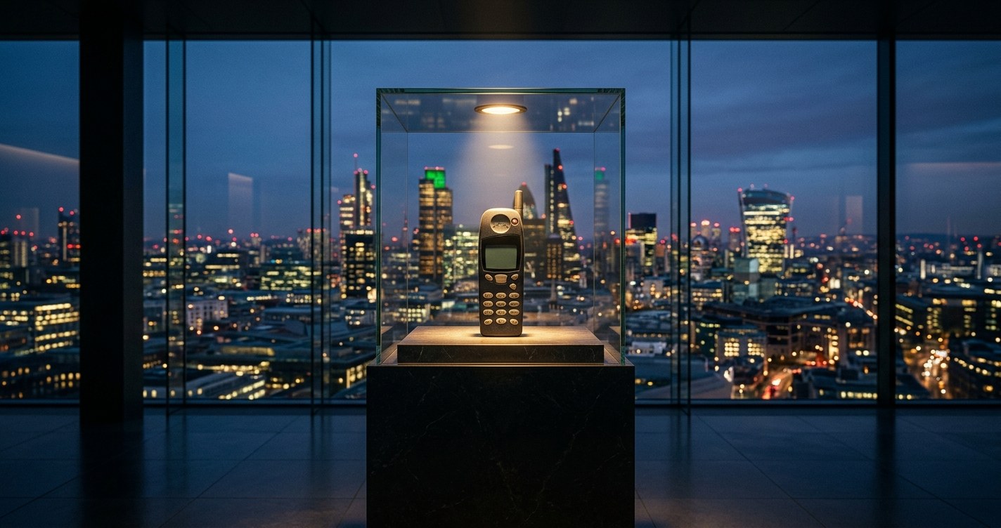 A vintage mobile phone displayed as a museum exhibit, with the modern city skyline it missed glowing behind it