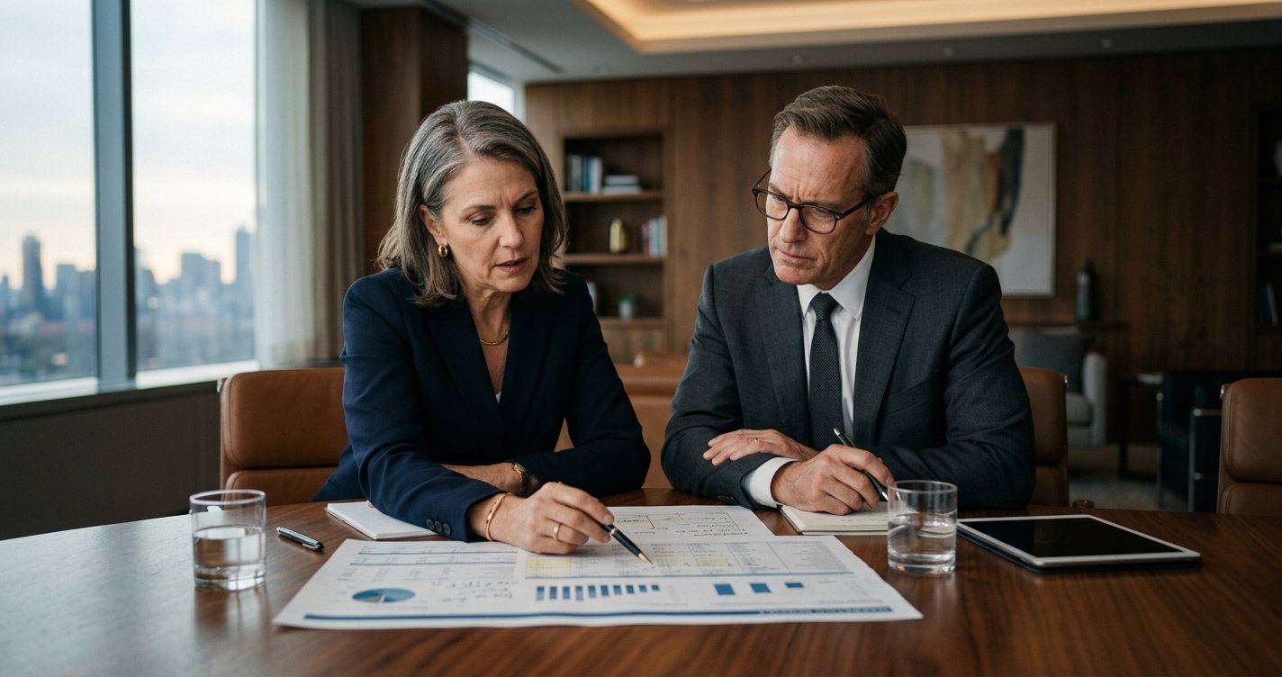A CEO and CFO reviewing a marketing budget at a boardroom table