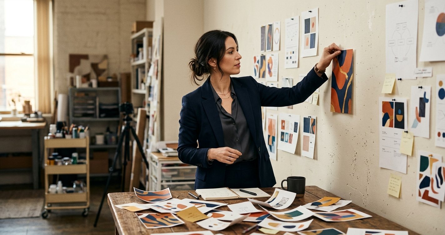 A strategist pinning one bold card to a wall, other options discarded