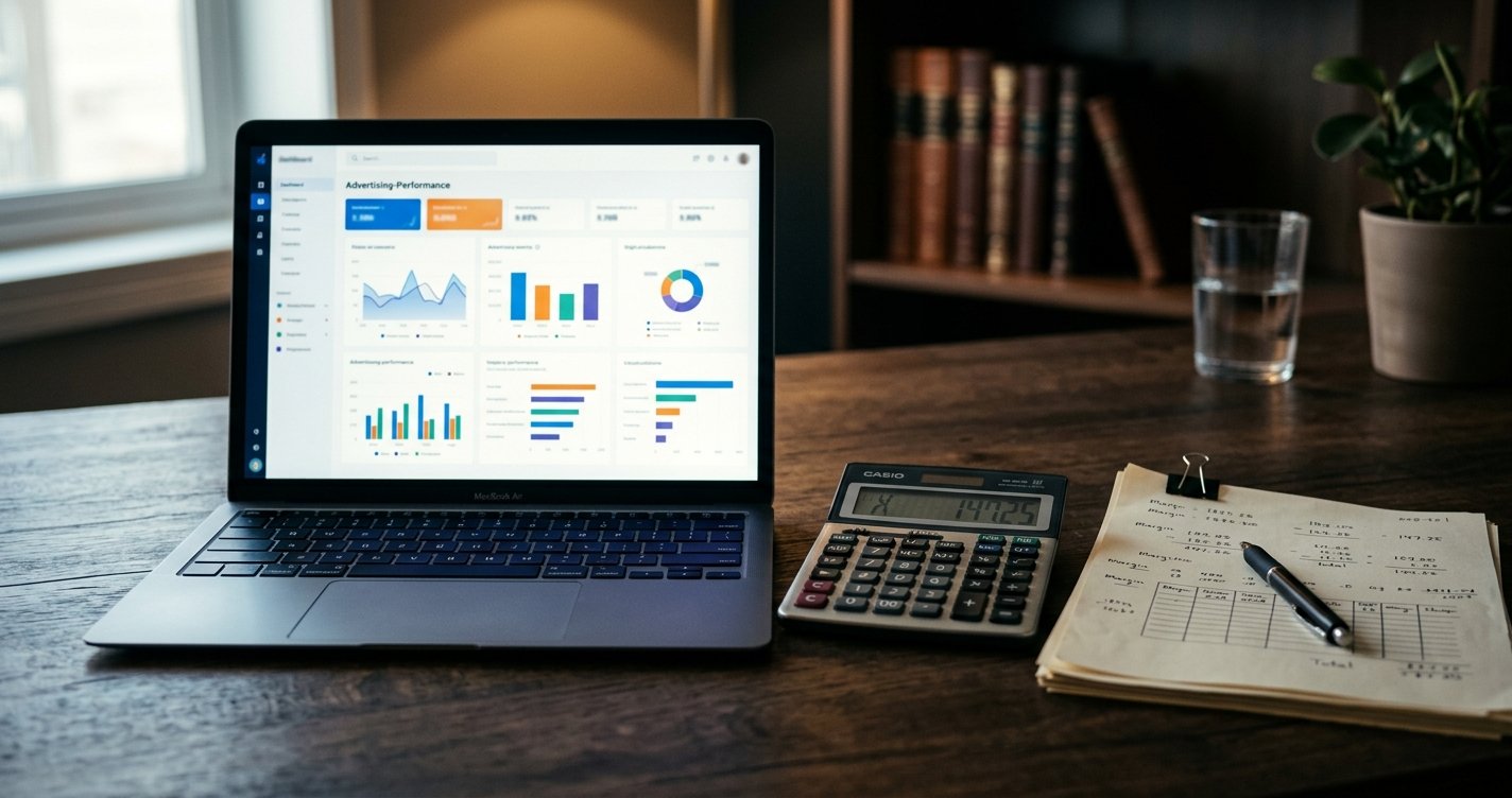 A glowing ad-performance dashboard beside a calculator and thin margin paperwork