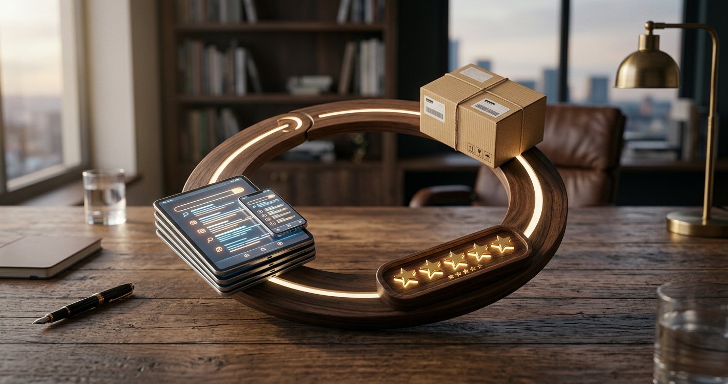 A circular desk arrangement of search results, review stars and a delivery box