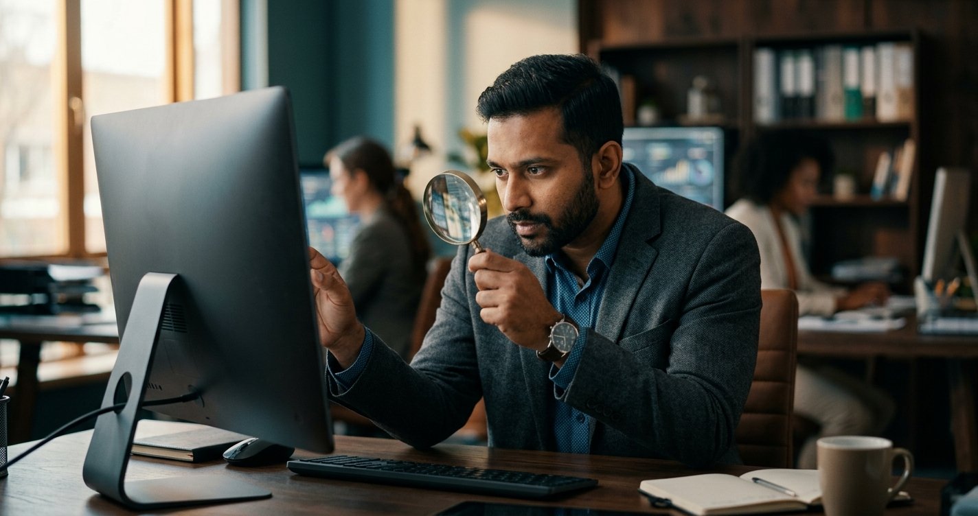 A marketplace seller examining an advertising dashboard with a magnifying glass