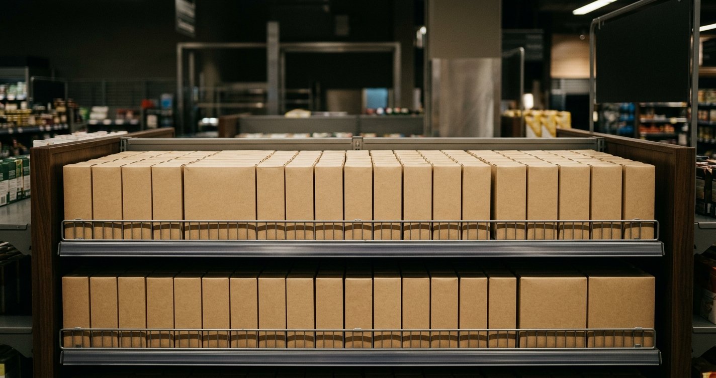 A shelf of near-identical plain packages, impossible to tell apart