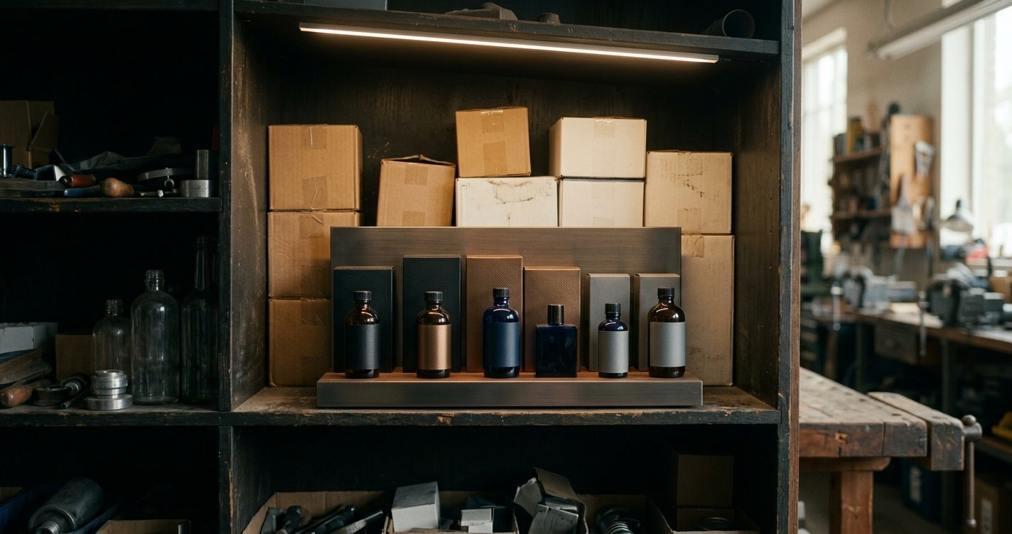 A dealer's shelf where one brand's plain boxes sit behind a competitor's display