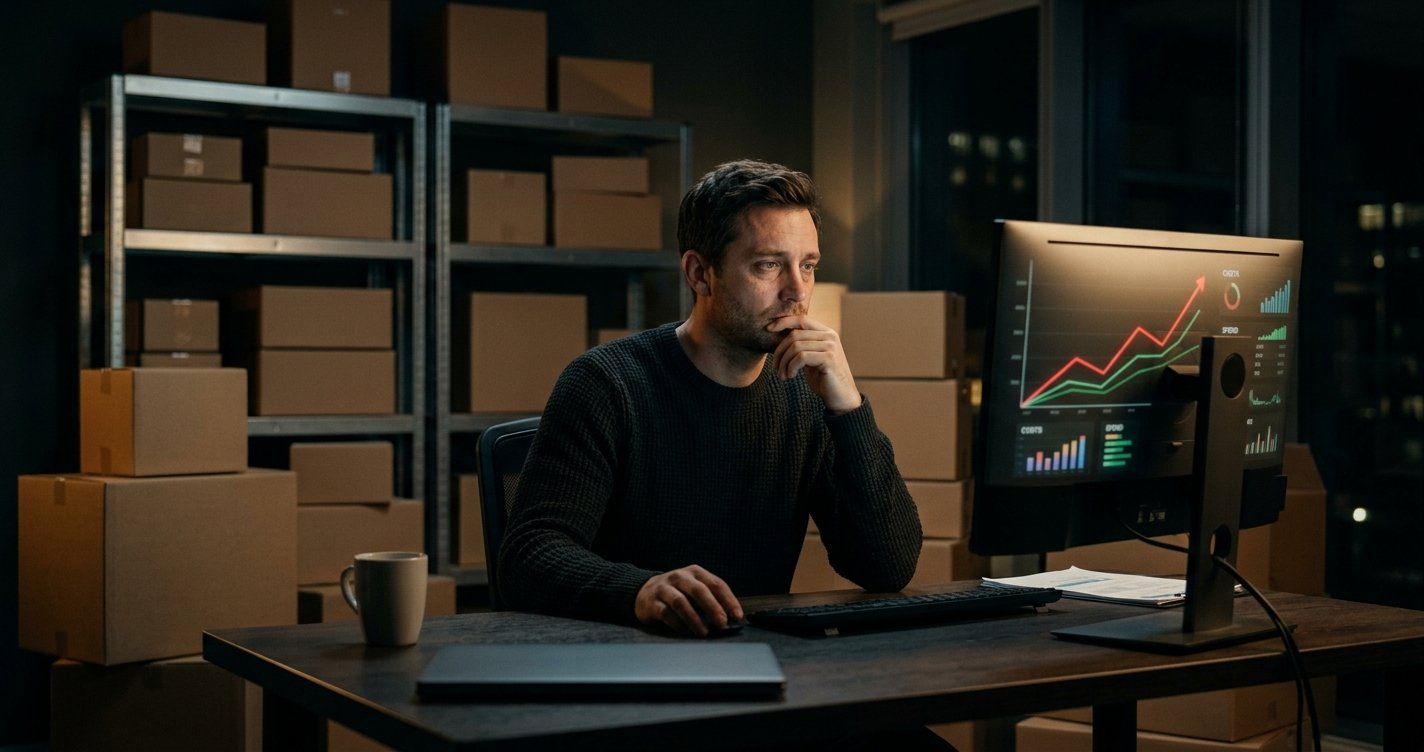 A D2C founder watching acquisition costs climb on a dashboard at night