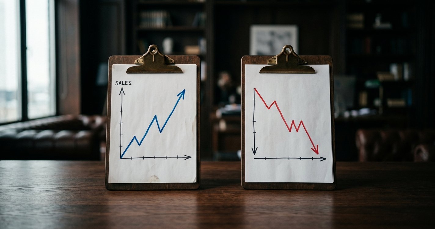 Two clipboards — a rising sales graph beside a falling profit line