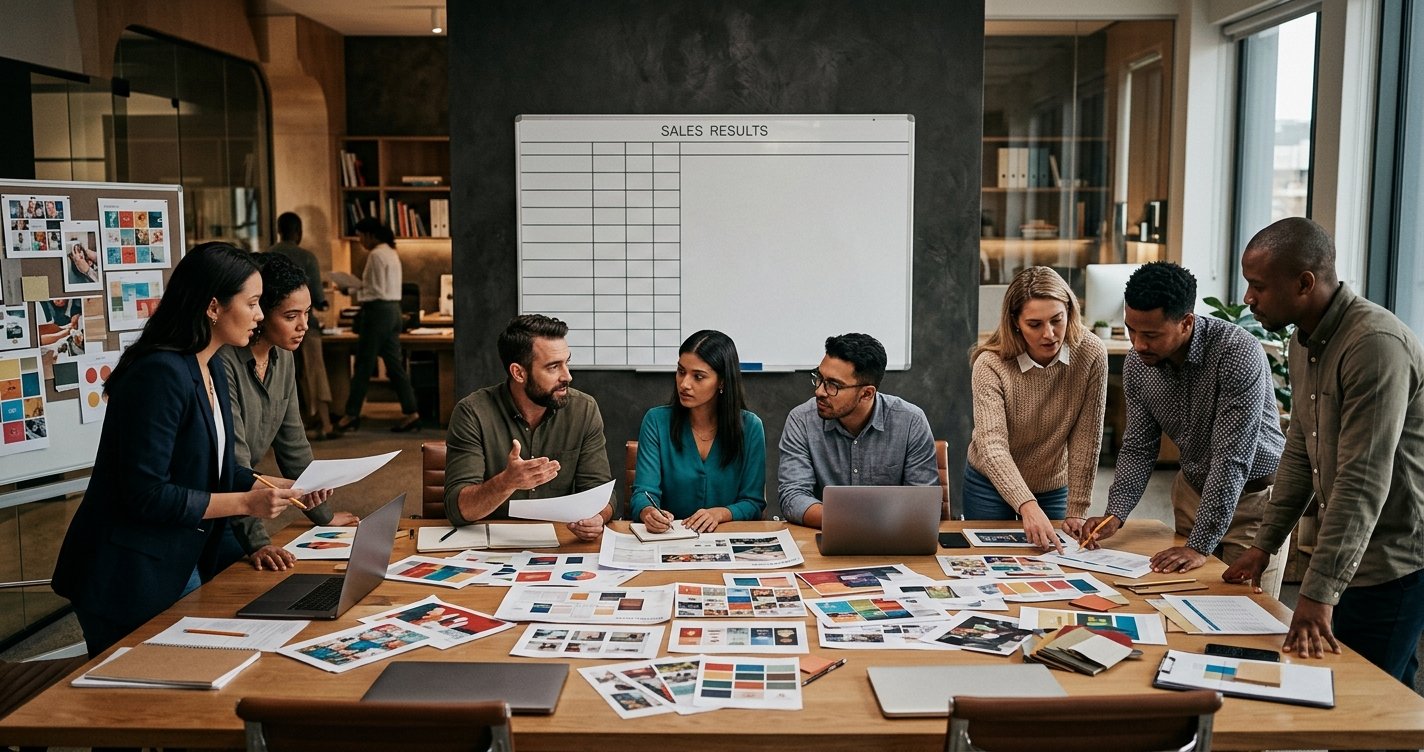 A busy marketing team with an empty sales results board behind them