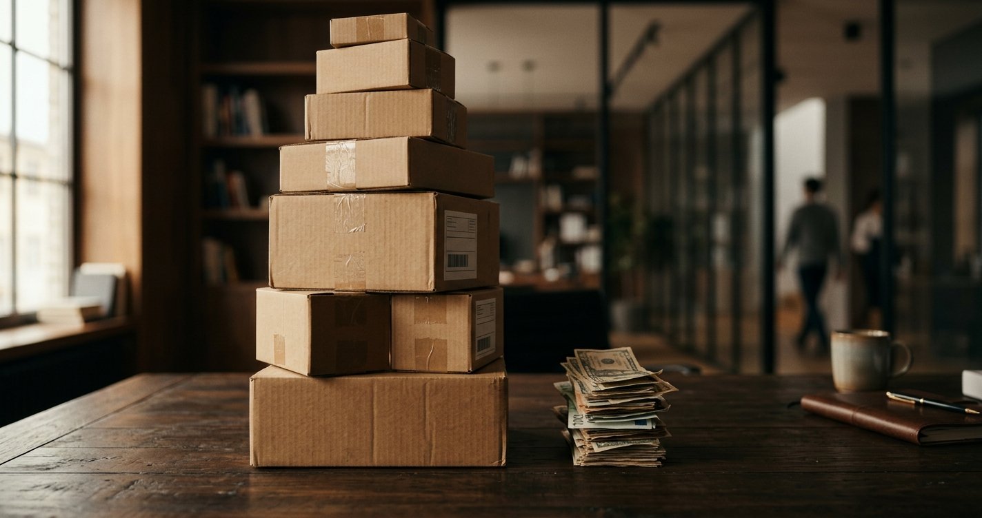 A growing stack of shipping boxes beside a shrinking stack of currency