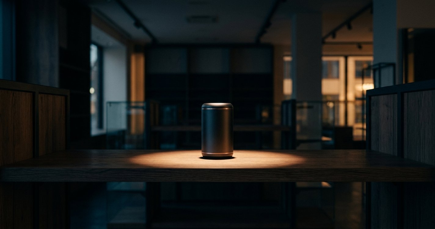 A newly launched product alone on an empty store shelf under a spotlight