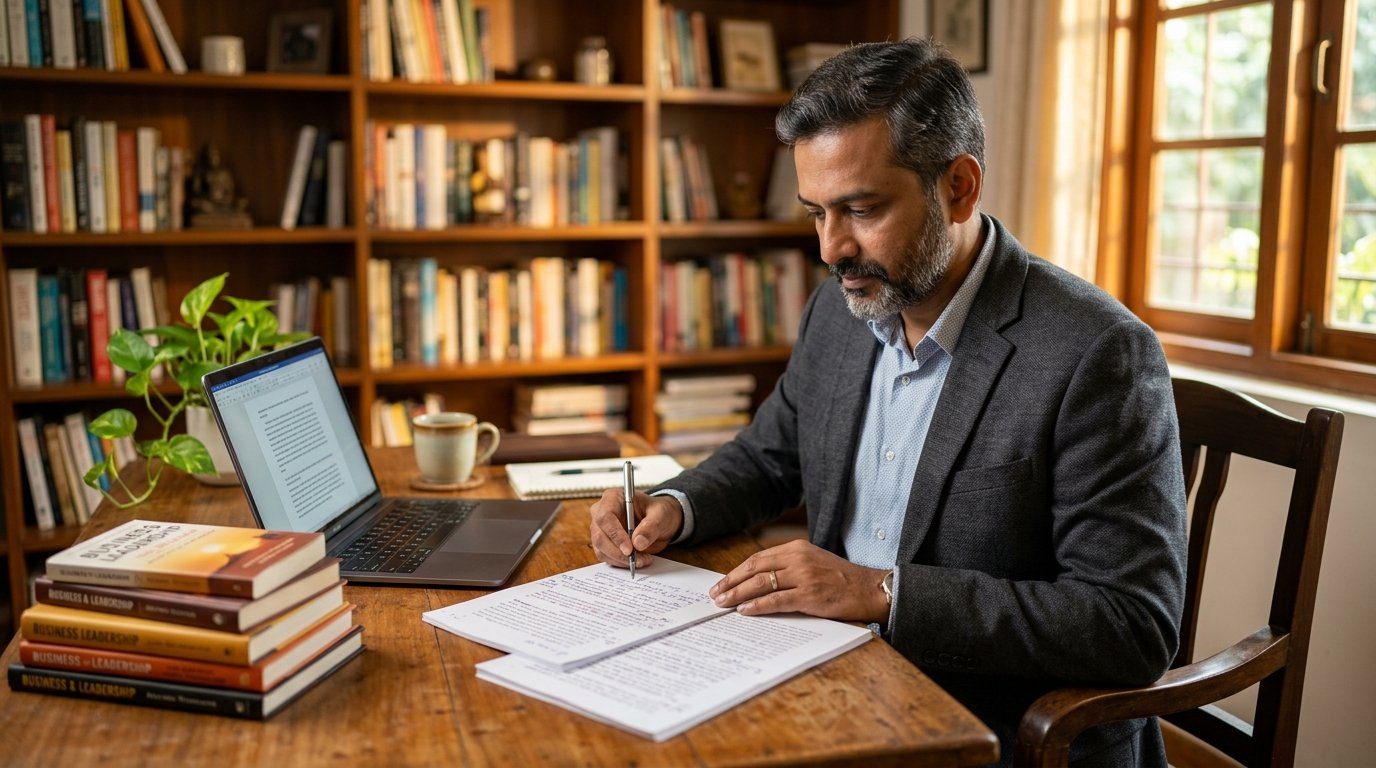 Indian author writing and editing a book manuscript at a wooden desk in a sunlit study