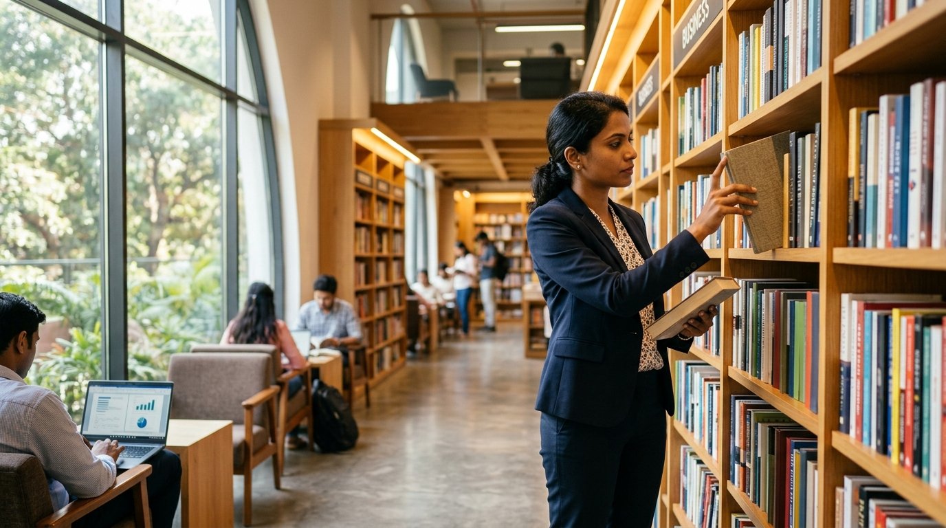 Indian professional selecting a business book in a sunlit modern bookstore
