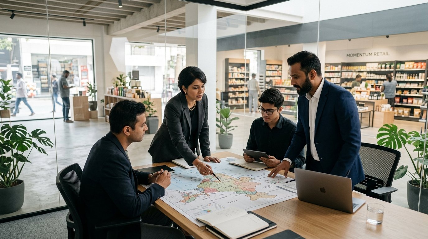 Indian distribution professionals reviewing a coverage map beside a stocked retail storefront