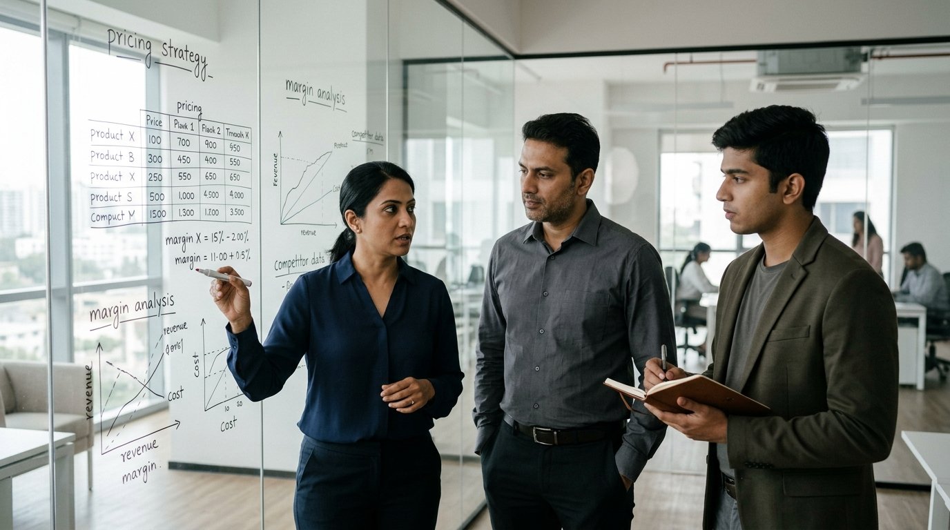 Indian commercial team analysing pricing and margin charts on a glass wall