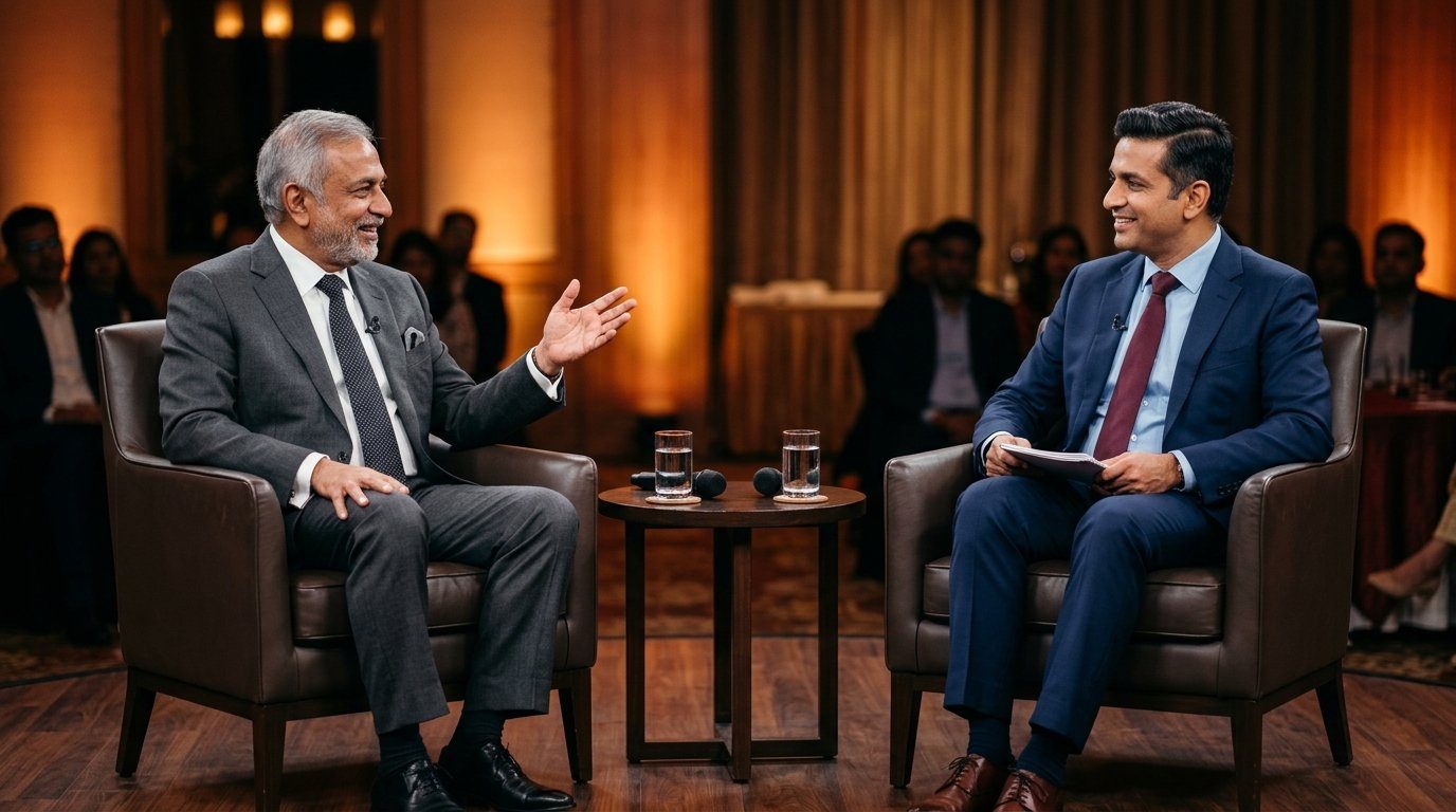 Senior Indian executive in a fireside chat with an interviewer on a warmly lit stage with an audience