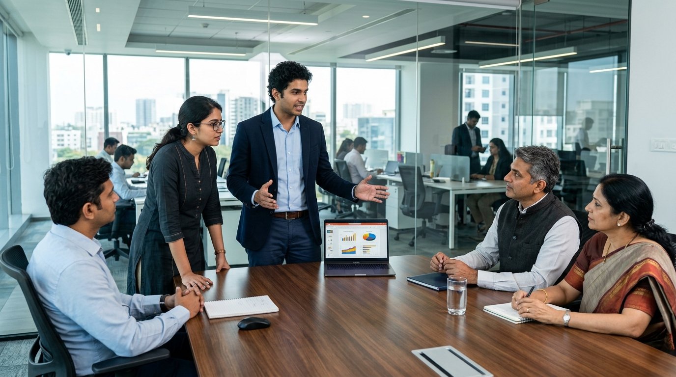 Indian startup founders pitching to investors in a bright modern office